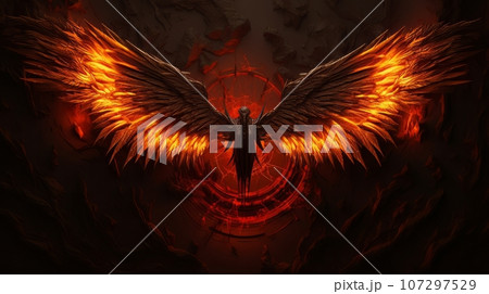 Demon with wings against the background of hell. Christian apocalypse AI 107297529
