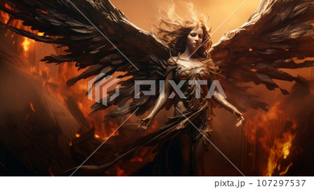 Woman angel with wings against the background of hell. AI 107297537