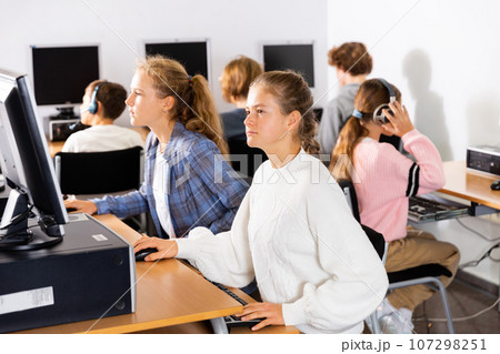 Portrait of female and male students working on computers in class room 107298251
