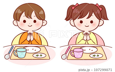 ごちそうさまをする男の子と女の子(洋食) 107299871