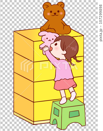 一個女孩用一個架子從抽屜櫃拿起一個毛絨動物。 107299898