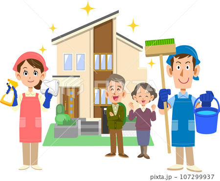 ピカピカの一軒家の前で清掃用具を持つエプロンをつけた男女とシニア夫婦 107299937