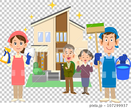 ピカピカの一軒家の前で清掃用具を持つエプロンをつけた男女とシニア夫婦 107299937