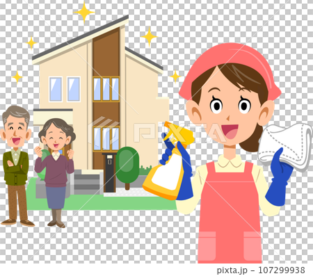 ピカピカの一軒家の前で清掃用具を持つエプロンをつけた女性とシニア夫婦 ピカピカの一軒家の前で清掃用具を持つエプロンをつけた女性とシニア夫婦 107299938