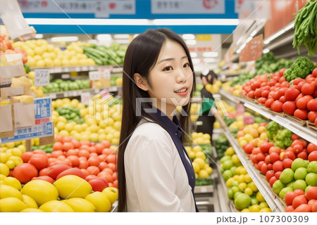 スーパーで買い物する若い女性　AI生成画像 107300309