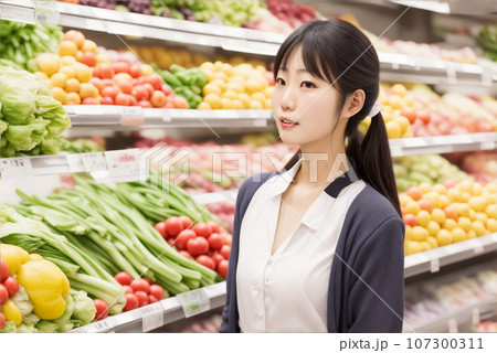 スーパーで買い物する若い女性　AI生成画像 107300311