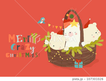 Cute Funny Polar Bears sitting on Christmas Basket 107301026