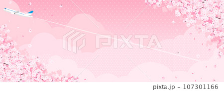 満開の桜と飛行機　背景素材（バナー向け横長） 107301166