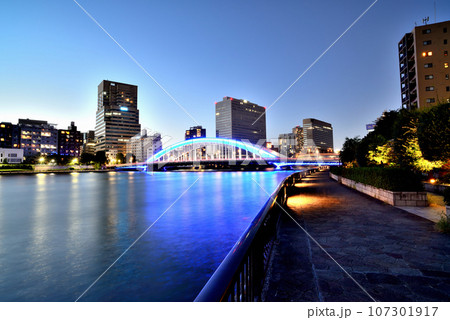隅田川テラスから観る東京スカイツリーとブルーの永代橋の夜景 107301917