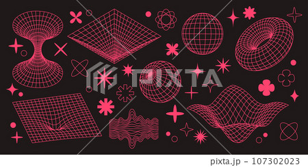 Retro futuristic set. Pink surreal geometric shapes. Abstract vector illustration in trendy psychedelic techno style. Retro futuristic set. Pink surreal geometric shapes. Abstract vector illustration in trendy psychedelic techno style. 107302023