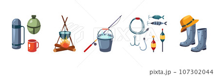 Camping and Tourist Equipment Object and Items Vector Set 107302044