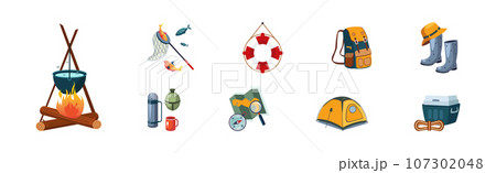 Camping and Tourist Equipment Object and Items Vector Set 107302048