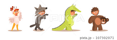 Cute Kids Wearing Animal Costumes and Outfit Vector Set Cute Kids Wearing Animal Costumes and Outfit Vector Set 107302071