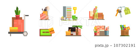 Moving and Changing Apartment Flat Icon and Furniture Item Vector Set 107302191