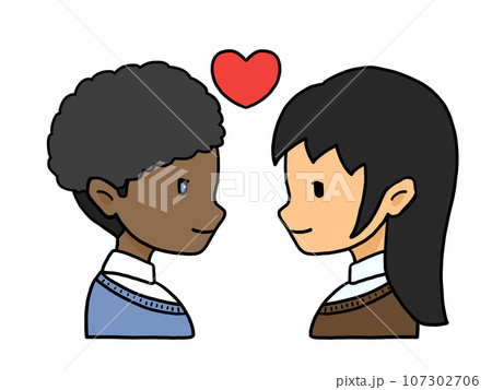 向かい合ったカップルの横顔のイラスト(黒人男性と日本人女性) 向かい合ったカップルの横顔のイラスト(黒人男性と日本人女性) 107302706