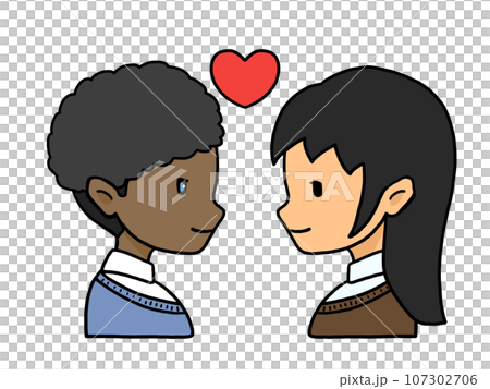 向かい合ったカップルの横顔のイラスト(黒人男性と日本人女性) 向かい合ったカップルの横顔のイラスト(黒人男性と日本人女性) 107302706