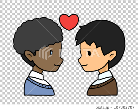 一對面對面的情侶的側面插圖(一名黑人和一名日本男子) 一對面對面的情侶的側面插圖(一名黑人和一名日本男子) 107302707