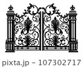 ANTIQUE METAL GATE. Black on white sketch of wrought iron bi-fold garden doors. Church gate with scrolls and leaves. 107302717
