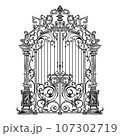 ANTIQUE METAL GATE. Black on white sketch of wrought iron bi-fold garden doors. Church gate with scrolls and leaves. 107302719