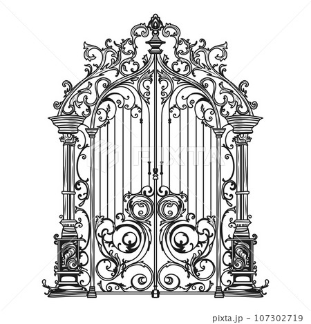 ANTIQUE METAL GATE. Black on white sketch of wrought iron bi-fold garden doors. Church gate with scrolls and leaves. 107302719