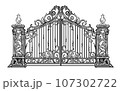 ANTIQUE METAL GATE. Black on white sketch of wrought iron bi-fold garden doors. Church gate with scrolls and leaves. 107302722