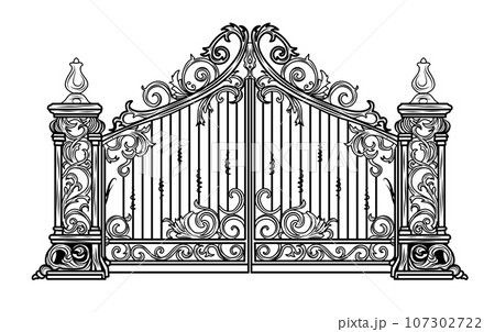 ANTIQUE METAL GATE. Black on white sketch of wrought iron bi-fold garden doors. Church gate with scrolls and leaves. 107302722