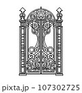 ANTIQUE METAL GATE. Black on white sketch of wrought iron bi-fold garden doors. Church gate with scrolls and leaves. 107302725