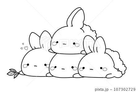 Rabbits coloring page in kawaii style, vector illustration in Japanese style. 107302729
