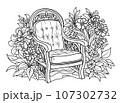 Coloring page of a beautiful romantic garden. Armchair in the garden among flowers. 107302732