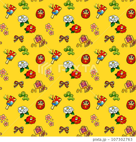 正月モチーフのパターン 手描きアナログイラスト 正月モチーフのパターン 手描きアナログイラスト 107302763