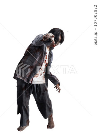 A scary zombie with blood and wounds on his body walking A scary zombie with blood and wounds on his body walking 107302822