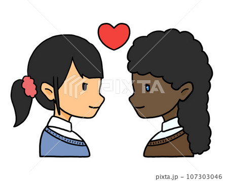 向かい合ったカップルの横顔のイラスト(日本人女性と黒人女性) 向かい合ったカップルの横顔のイラスト(日本人女性と黒人女性) 107303046