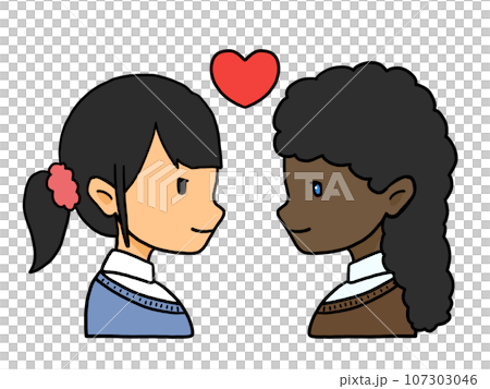 向かい合ったカップルの横顔のイラスト(日本人女性と黒人女性) 向かい合ったカップルの横顔のイラスト(日本人女性と黒人女性) 107303046