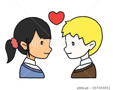 向かい合ったカップルの横顔のイラスト（日本人女性と白人男性） 107303051