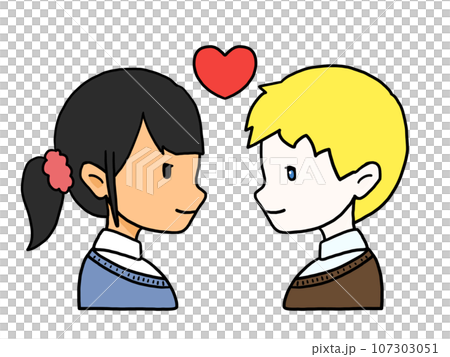 向かい合ったカップルの横顔のイラスト（日本人女性と白人男性） 107303051