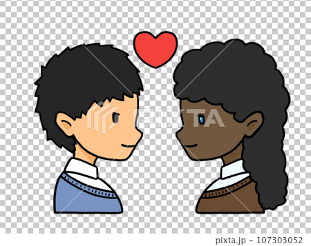 向かい合ったカップルの横顔のイラスト（日本人男性と黒人女性） 107303052