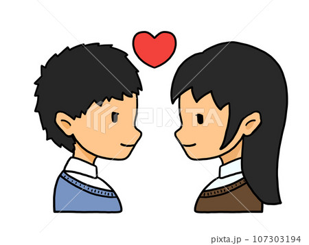 向かい合ったカップルの横顔のイラスト(日本人男性と日本人女性) 向かい合ったカップルの横顔のイラスト(日本人男性と日本人女性) 107303194