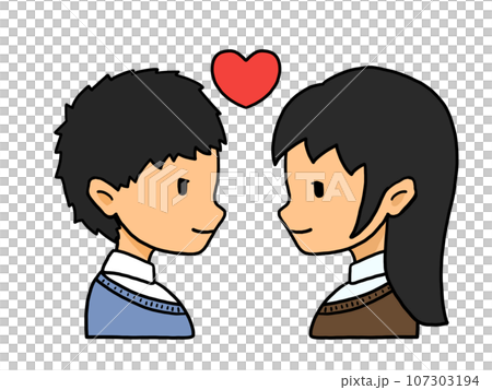 向かい合ったカップルの横顔のイラスト(日本人男性と日本人女性) 向かい合ったカップルの横顔のイラスト(日本人男性と日本人女性) 107303194