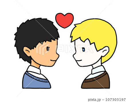向かい合ったカップルの横顔のイラスト(日本人男性と白人男性) 向かい合ったカップルの横顔のイラスト(日本人男性と白人男性) 107303197
