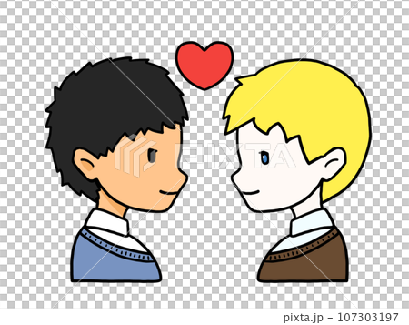 向かい合ったカップルの横顔のイラスト(日本人男性と白人男性) 向かい合ったカップルの横顔のイラスト(日本人男性と白人男性) 107303197