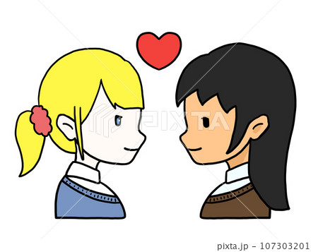 向かい合ったカップルの横顔のイラスト(白人女性と日本人女性) 向かい合ったカップルの横顔のイラスト(白人女性と日本人女性) 107303201