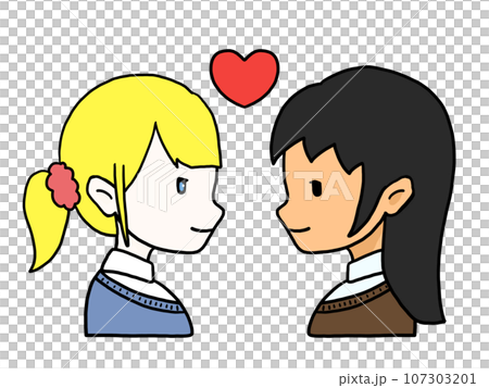 向かい合ったカップルの横顔のイラスト(白人女性と日本人女性) 向かい合ったカップルの横顔のイラスト(白人女性と日本人女性) 107303201