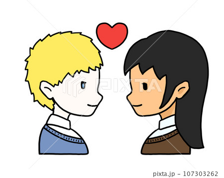 向かい合ったカップルの横顔のイラスト(白人男性と日本人女性) 向かい合ったカップルの横顔のイラスト(白人男性と日本人女性) 107303262