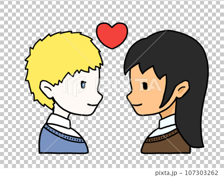 向かい合ったカップルの横顔のイラスト(白人男性と日本人女性) 向かい合ったカップルの横顔のイラスト(白人男性と日本人女性) 107303262