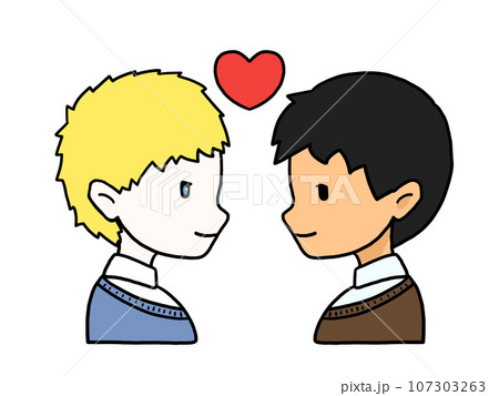 向かい合ったカップルの横顔のイラスト（白人男性と日本人男性） 107303263