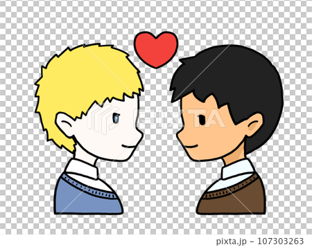 向かい合ったカップルの横顔のイラスト（白人男性と日本人男性） 107303263