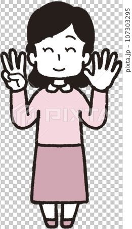 左手は5本指、右手は3本指の35のハンドサインをして笑う女性の全身イラスト 107303295
