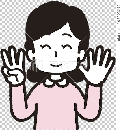一位微笑的女士用左手 5 個手指、右手 3 個手指做 35 個手勢的上半身插圖 一位微笑的女士用左手 5 個手指、右手 3 個手指做 35 個手勢的上半身插圖 107303296