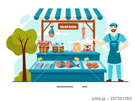 Seafood Market Stall Vector Illustration with Fresh Fish Products such as Octopus, Clams, Shrimp and Lobster in Flat Cartoon Background Design 107303769