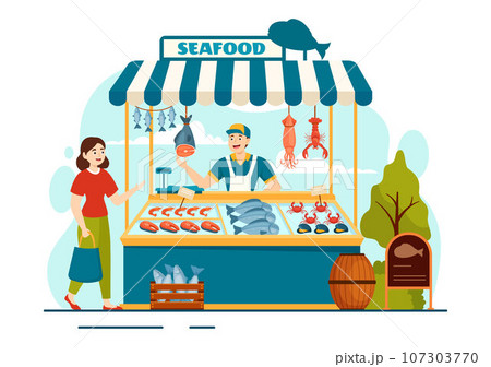 Seafood Market Stall Vector Illustration with... [107303770] - PIXTA